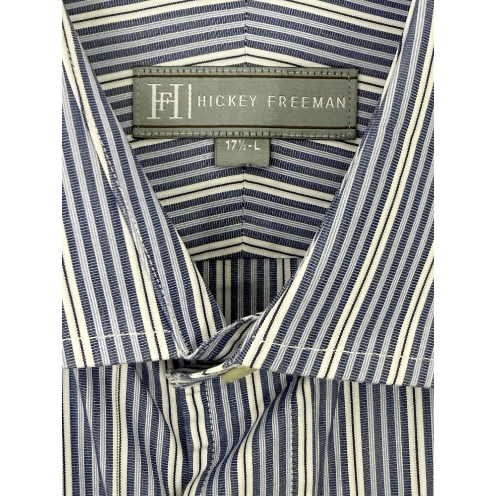 HICKEY FREEMAN Mens Dress Shirt 17.5 Long Reg Blue Pinstripe French Cuff